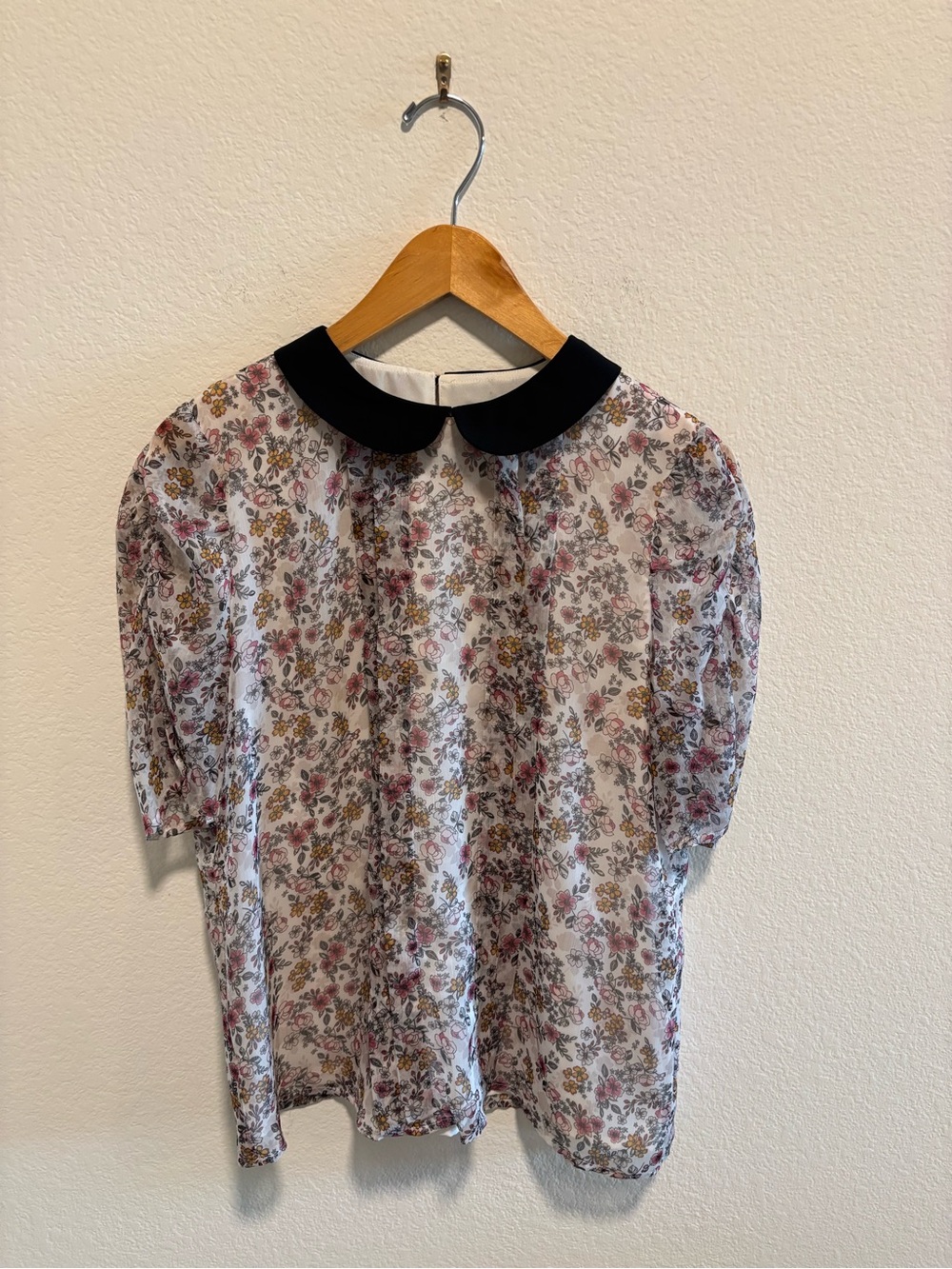 CeCe Floral Blouse with Black Peter Pan Collar - White, Pink, Green
